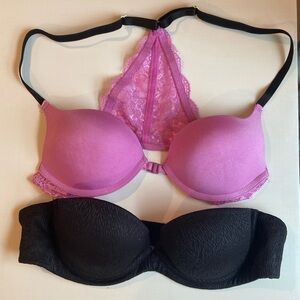 Wonderbra Bundle Includes Black Strapless and Pink Racerback Bras, Size 34A
